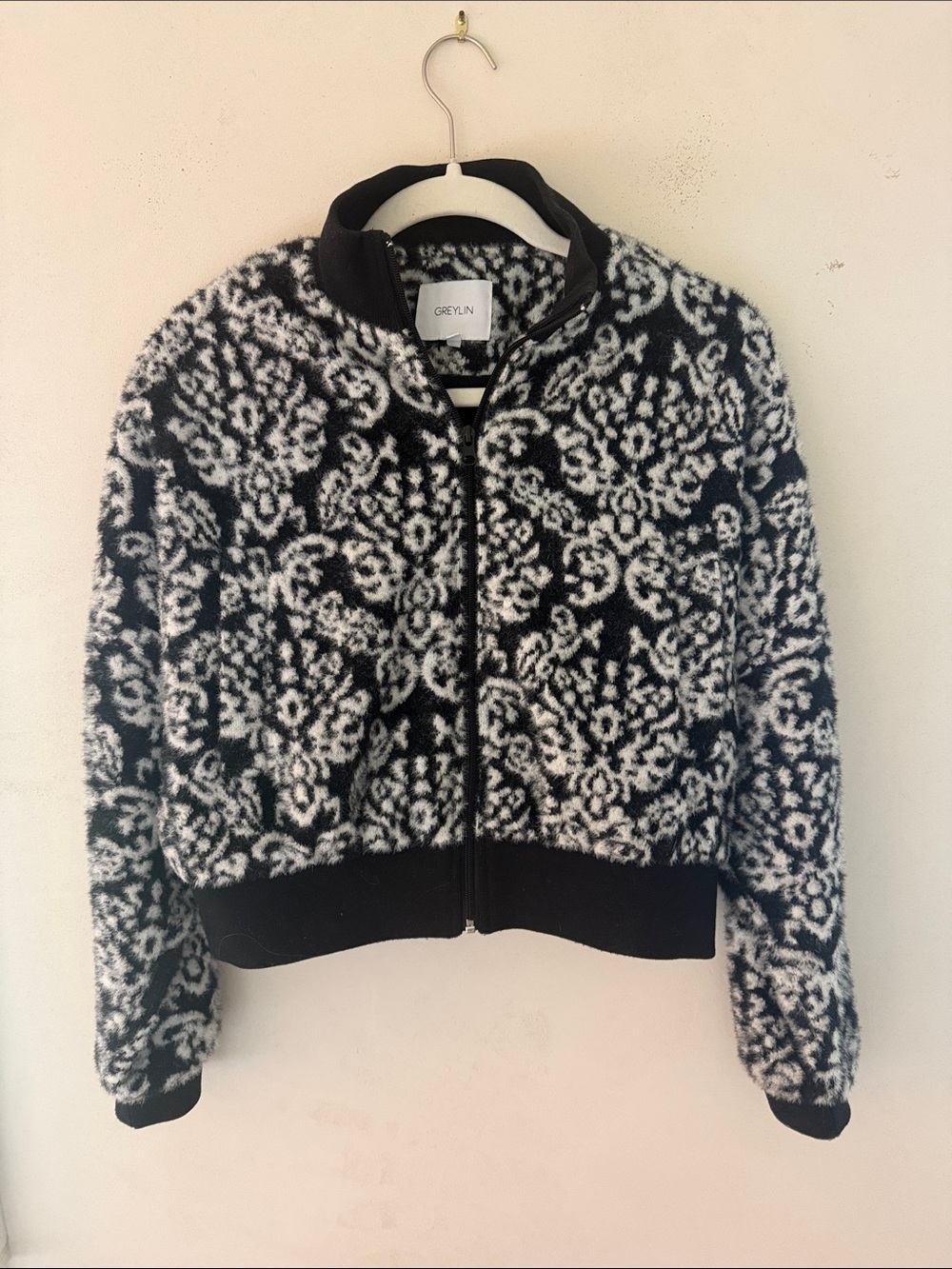 Greylin Black & White Patterned Teddy Fleece Bomber Zip Jacket